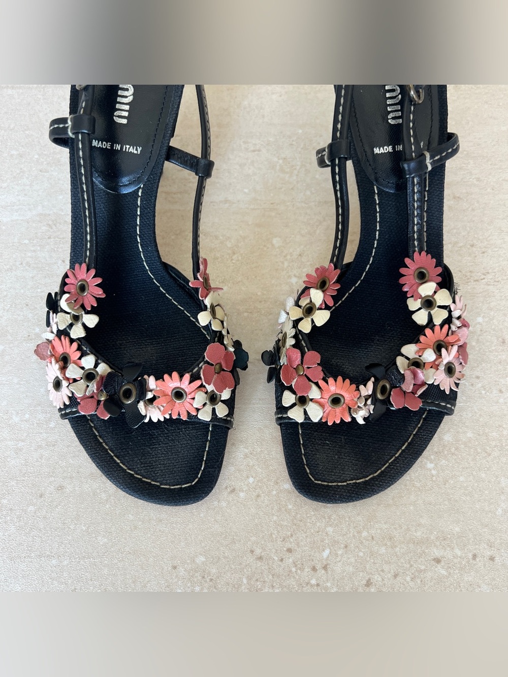 Miu Miu Black Sandal with Pink and Cream Floral Appliqué - Picture 3 of 7